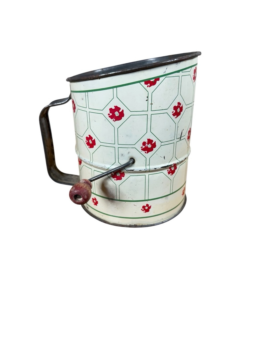 Vintage Cream and Red Floral Hand-Operated Flour Sifter